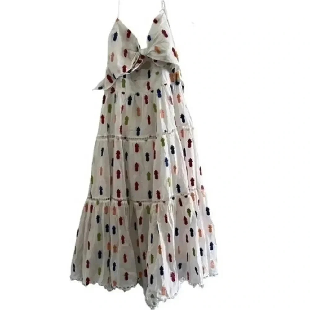 FARM RIO Pineapple Appliqué Keyhole Bodice Cotton Midi Dress B885 - Picture 2 of 3